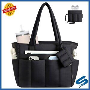 Quilted Puffer Tote Bag with Zipper 15.6 Inch Laptop Work Travel